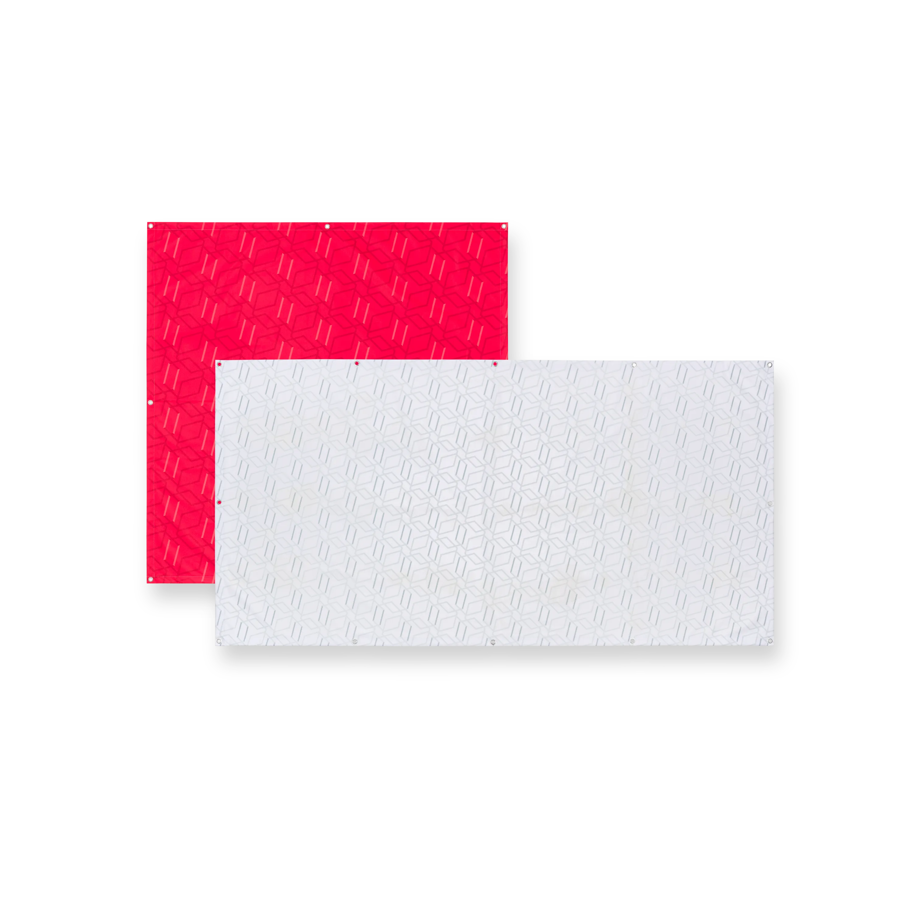 Two rectangular sports mats, one red and one white, on a black background.