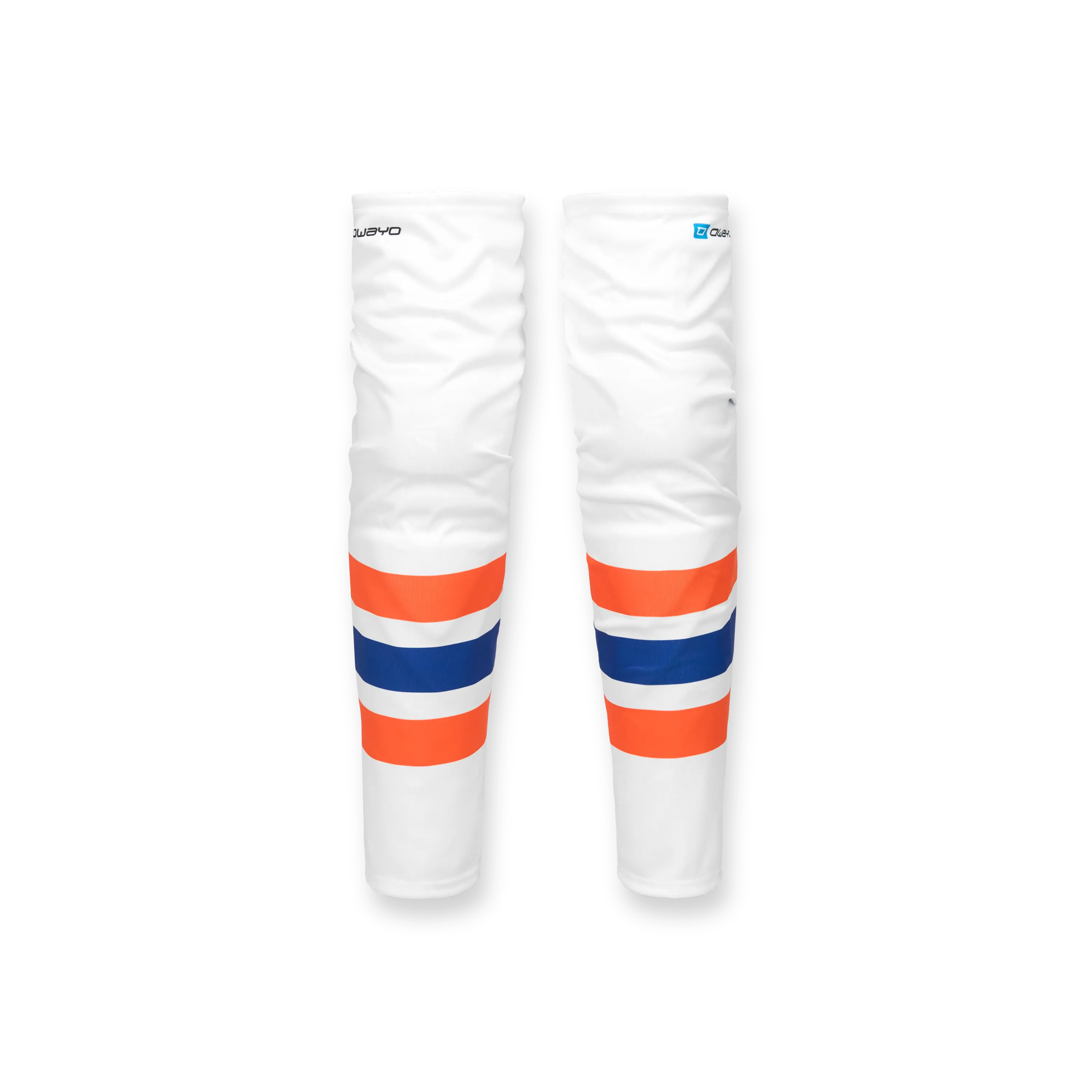 White sports leg guards with orange and blue stripes.