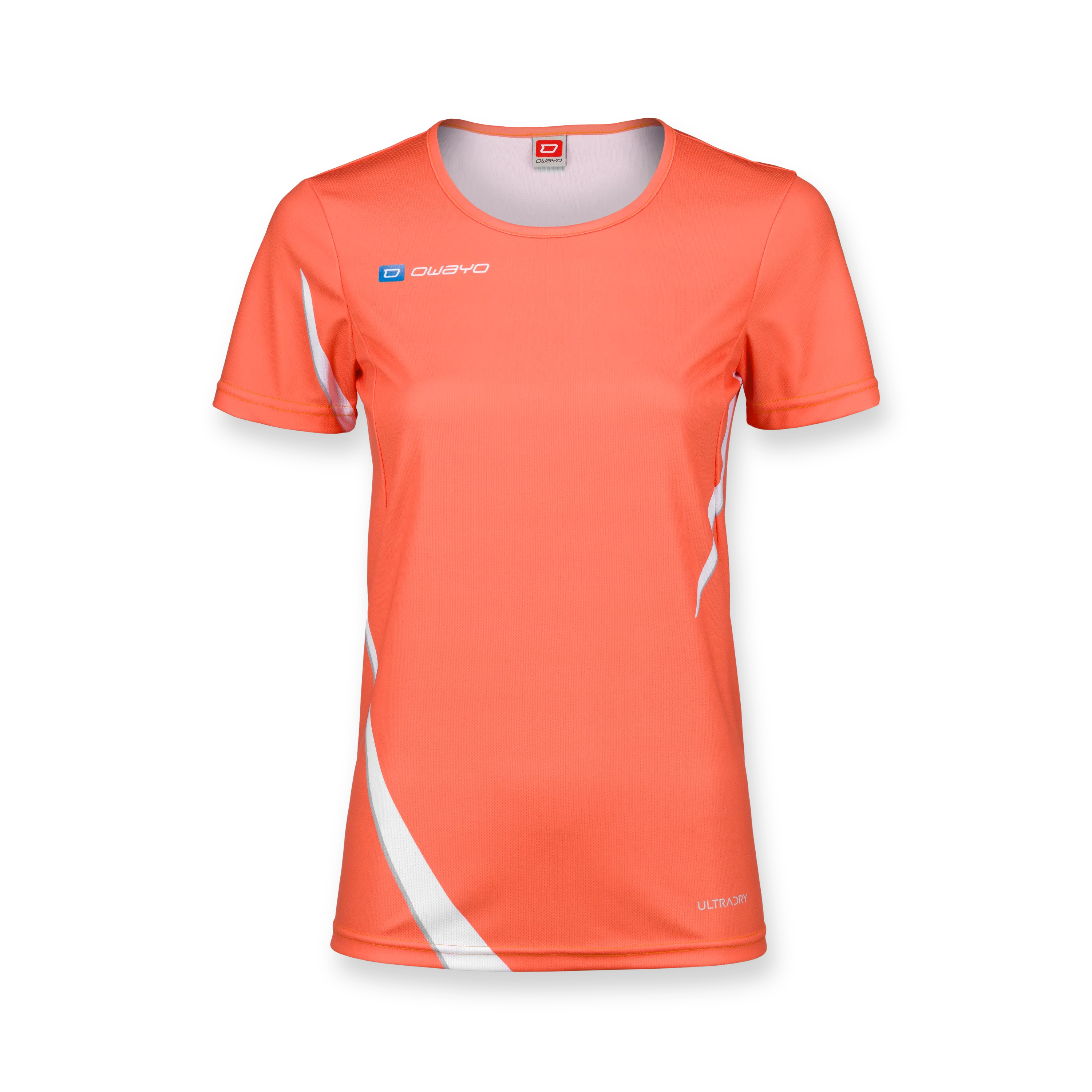 A bright orange sports shirt with white accents and a round neckline.