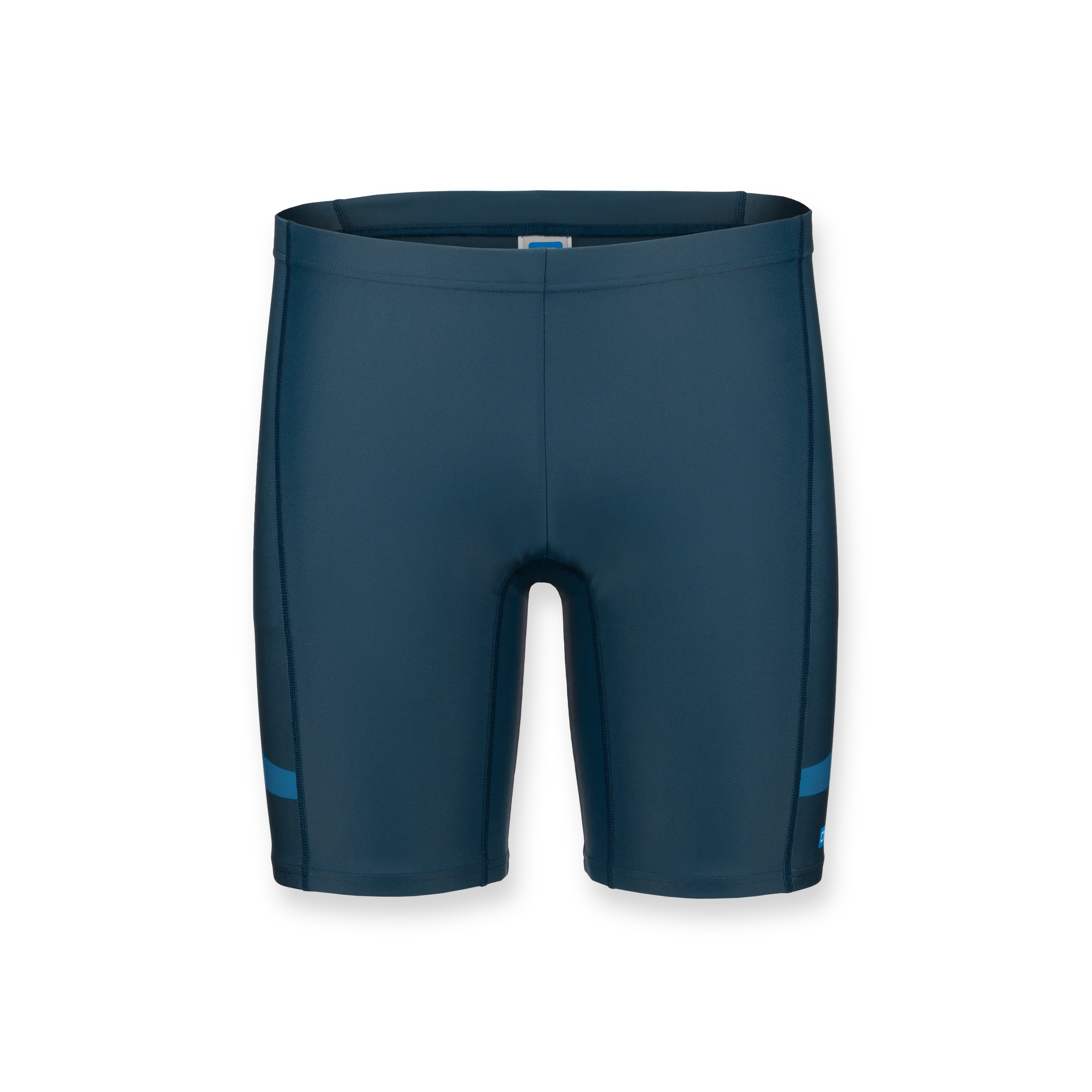 Dark blue, fitted sports shorts featuring blue accents on the sides.