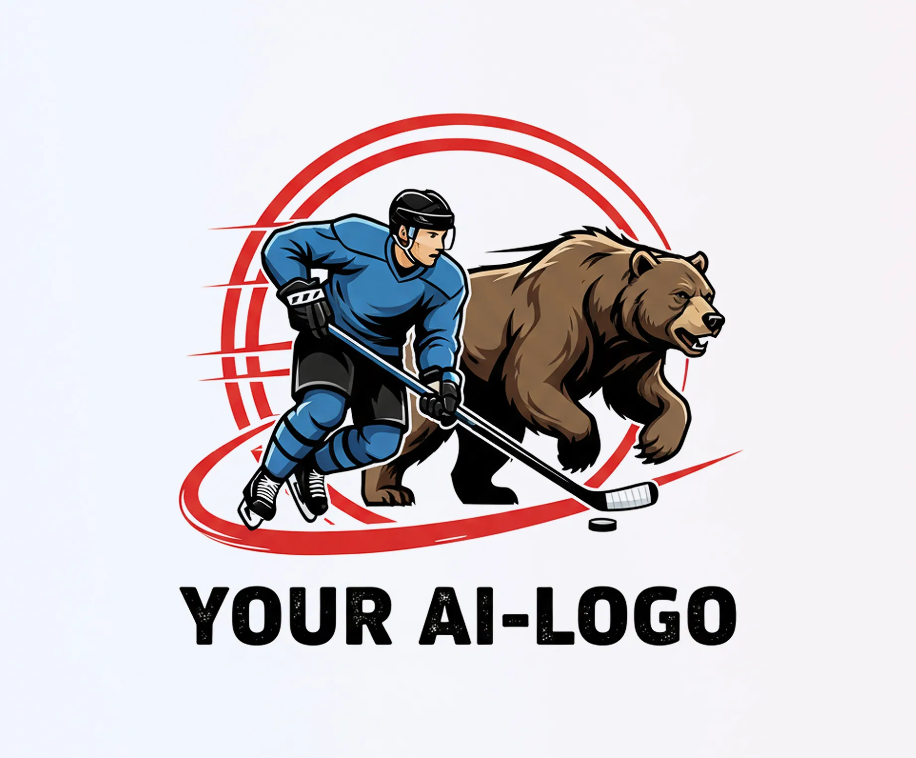 A hockey player in a blue jersey is skating with a stick alongside a bear.