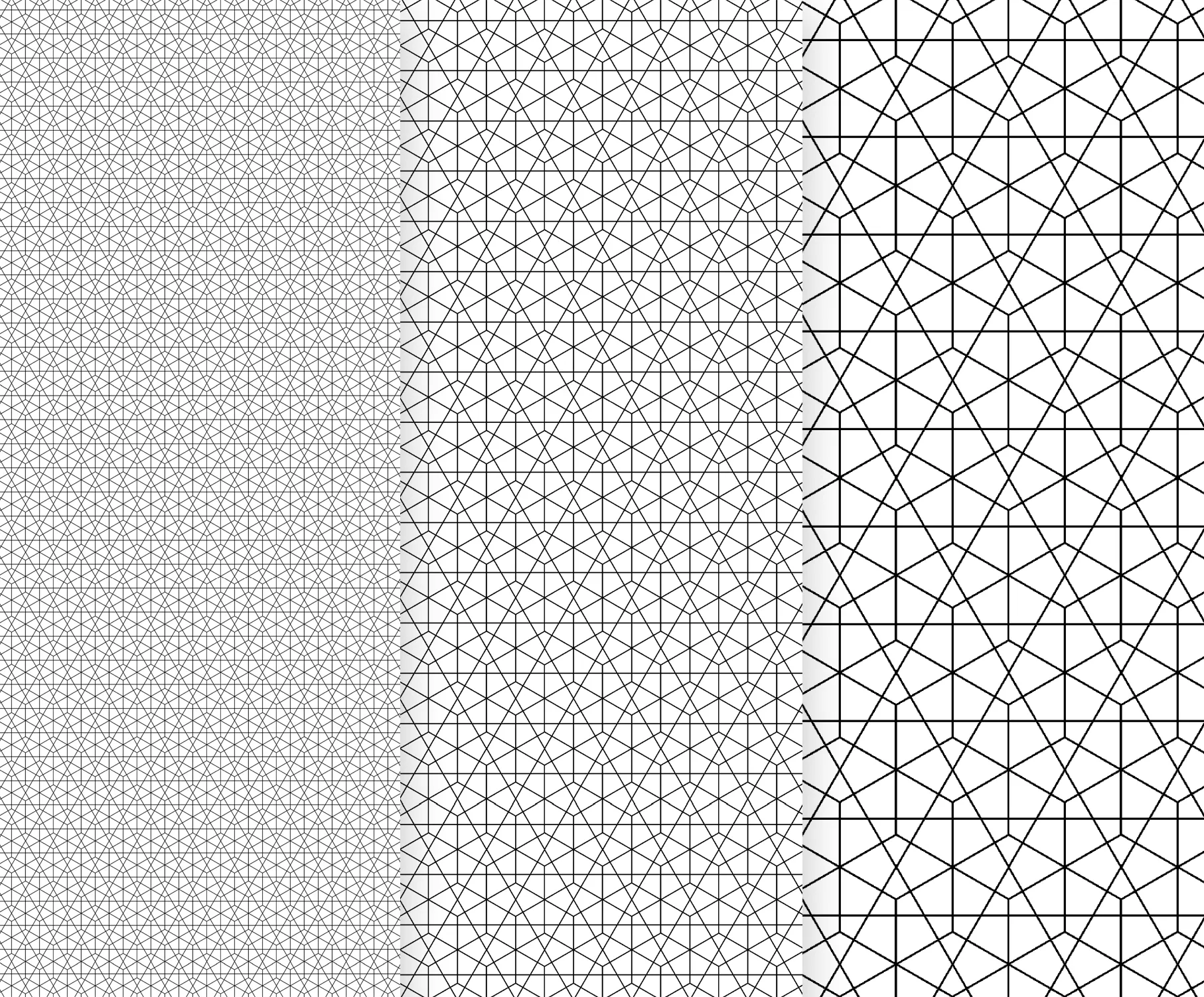 Three vertical panels displaying different geometric pattern designs in black and white, suitable for customized sportswear.