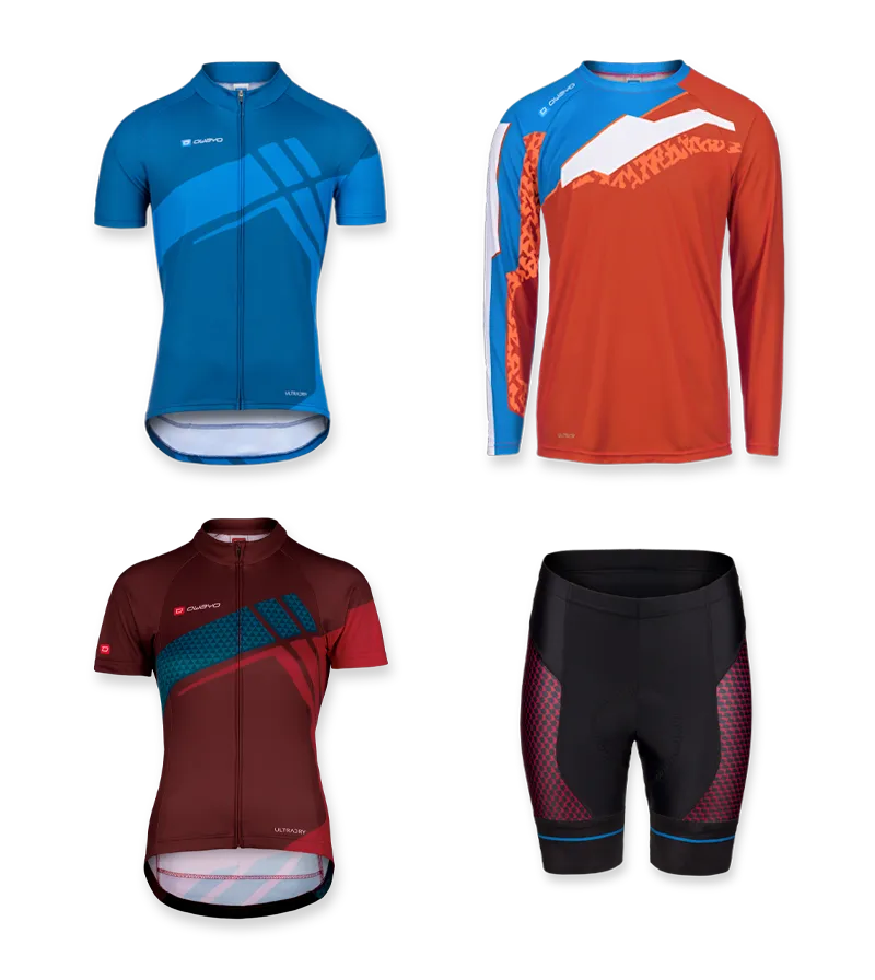 Overview of four different owayo cycling jerseys and a pair of cycling shorts, including a blue short-sleeve jersey, an orange long-sleeve jersey, a dark red short-sleeve jersey, and black cycling shorts with red and blue accents.