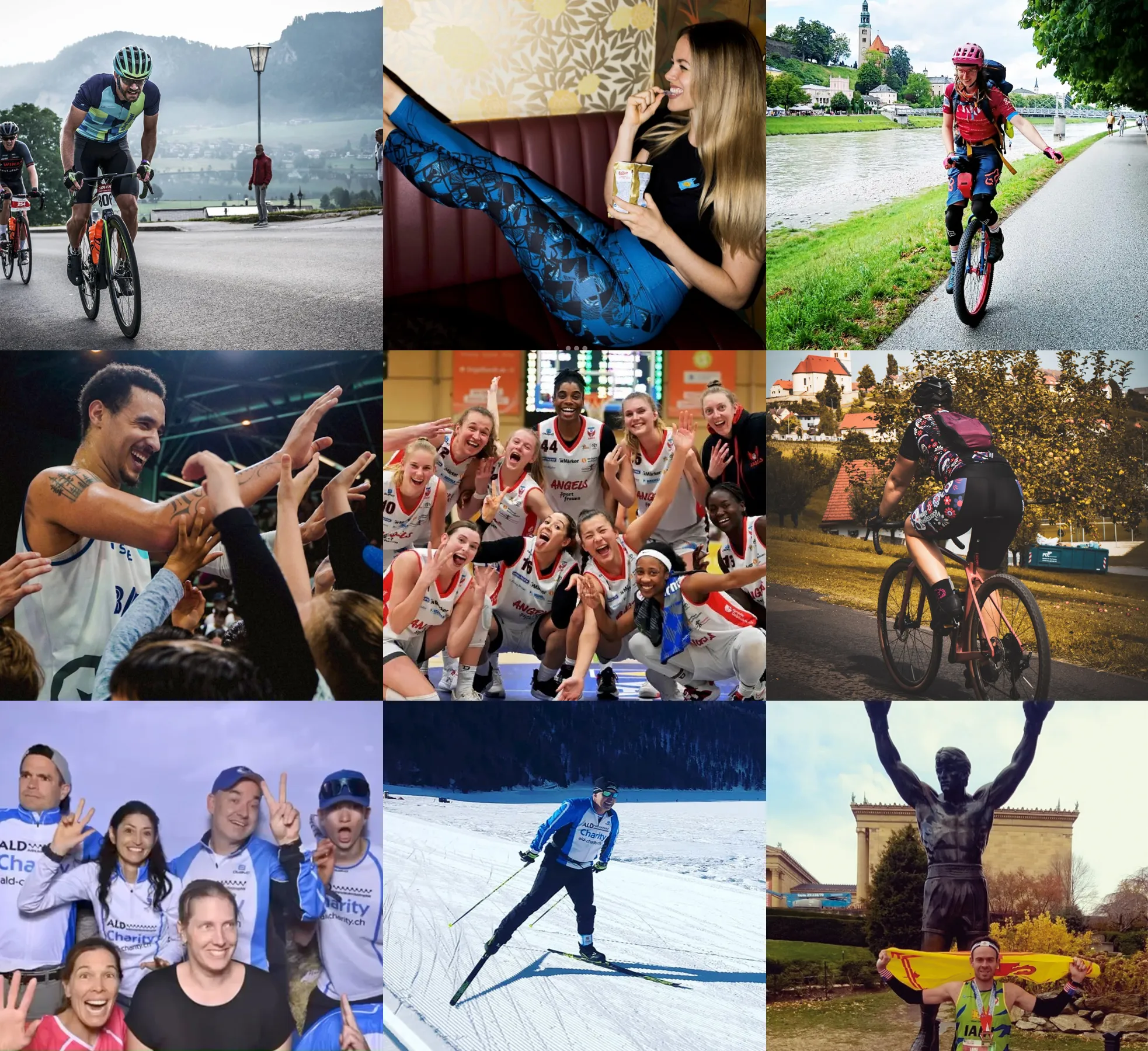 A collage of nine images shows various people in different sports, including cycling, basketball, cross-country skiing, and mountain biking, wearing customized sportswear from owayo.