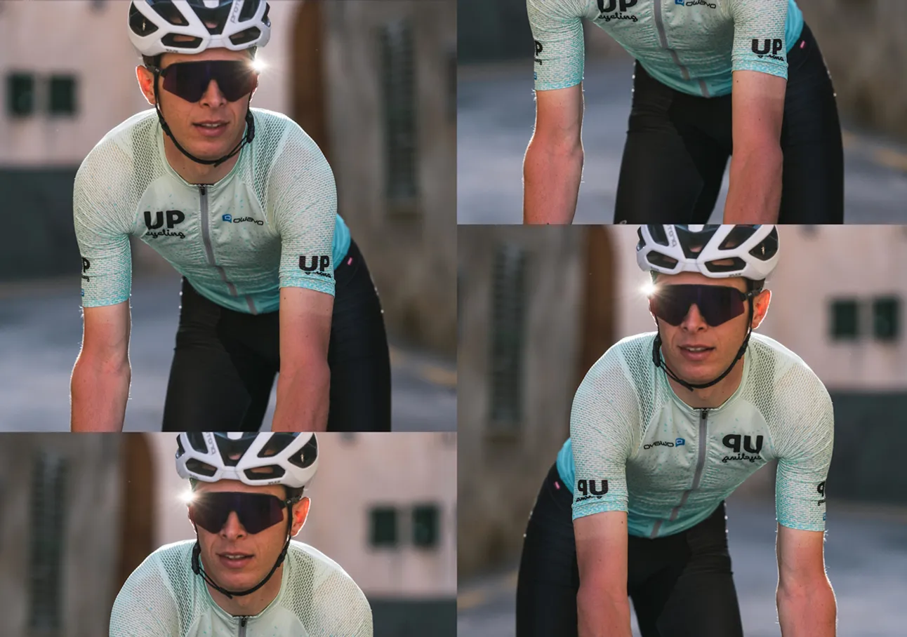 A cyclist wearing a light blue patterned jersey with the 'UP cycling' logo and the brand name 'owayo' on the chest, riding a bicycle.